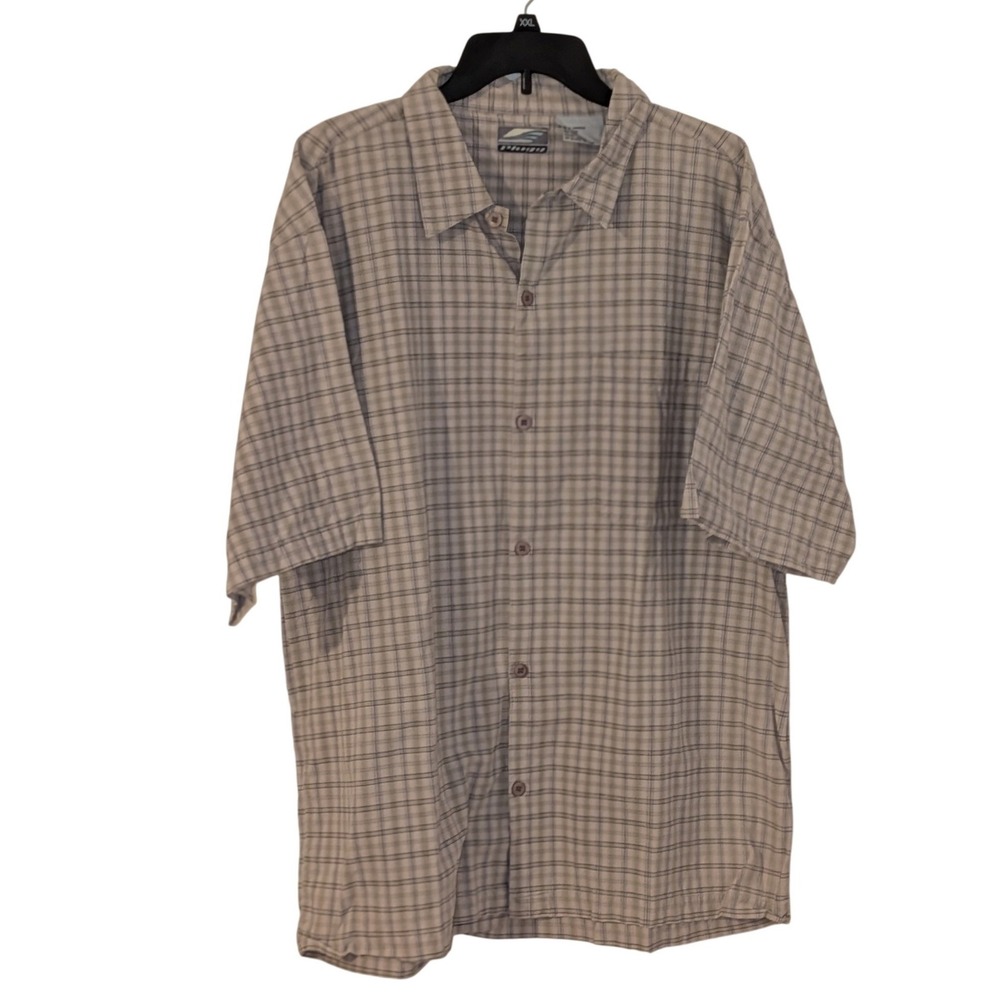 Plugg Mens XL Short Sleeve Plaid Button Down Shirt Beige Gray Blue Cotton Skater